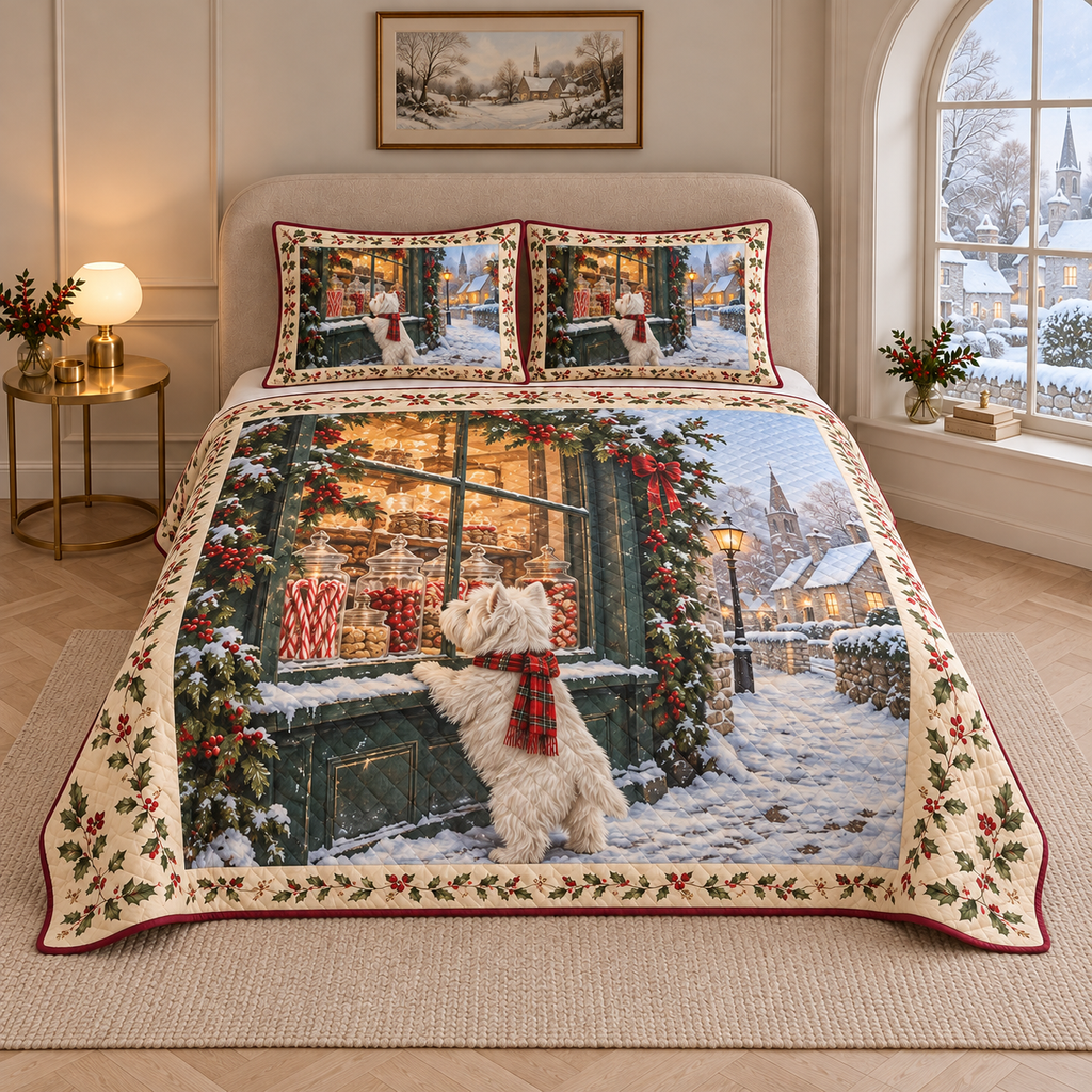 Christmas Westie Snowy Sweetshop thin printed quilt with two matching pillow shams; complete-product design mockup with flat printed visual depth.