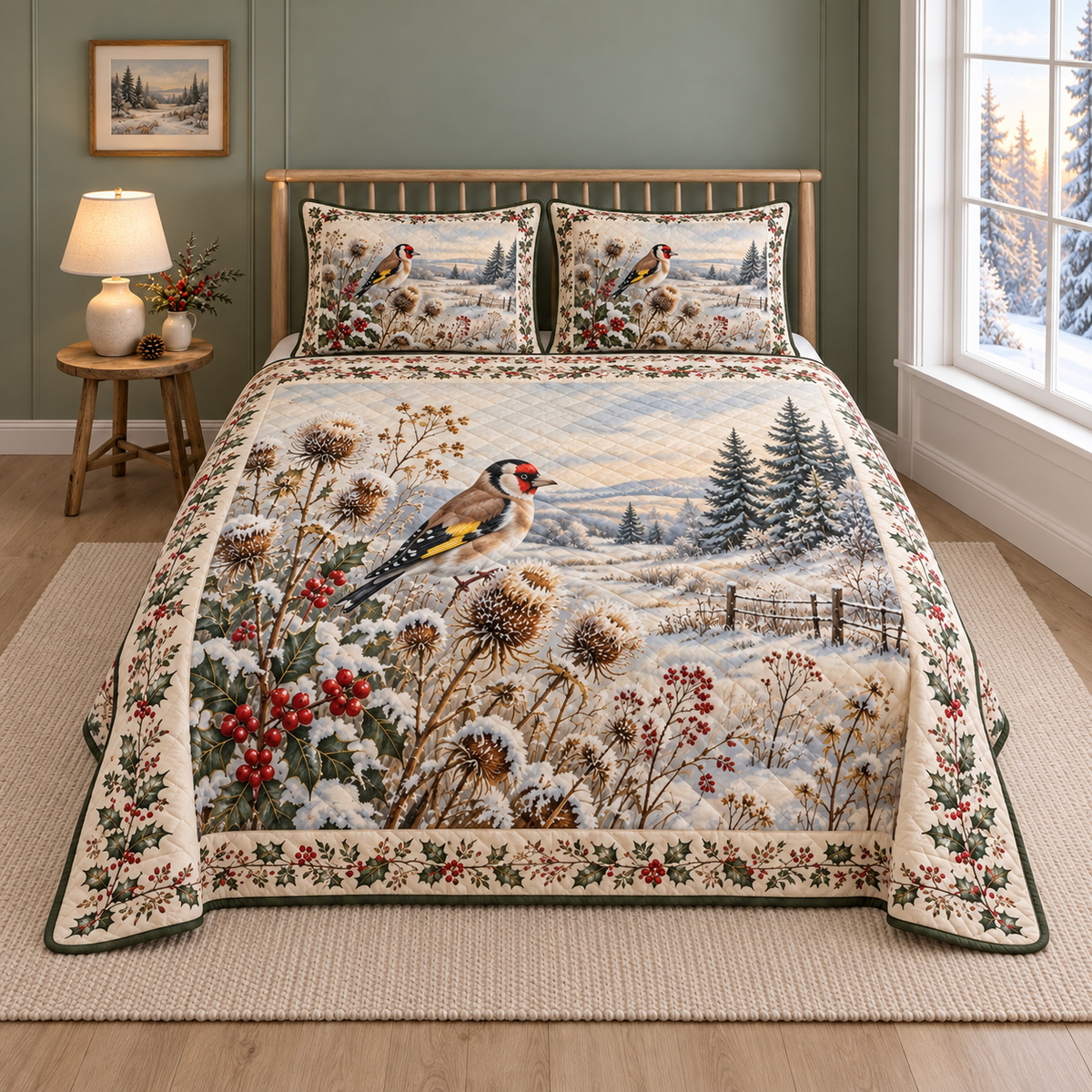 Christmas Goldfinch Frosted Thistle thin printed quilt with two matching pillow shams; complete-product design mockup with flat printed visual depth.