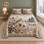Christmas Goldfinch Frosted Thistle thin printed quilt with two matching pillow shams; complete-product design mockup with flat printed visual depth.