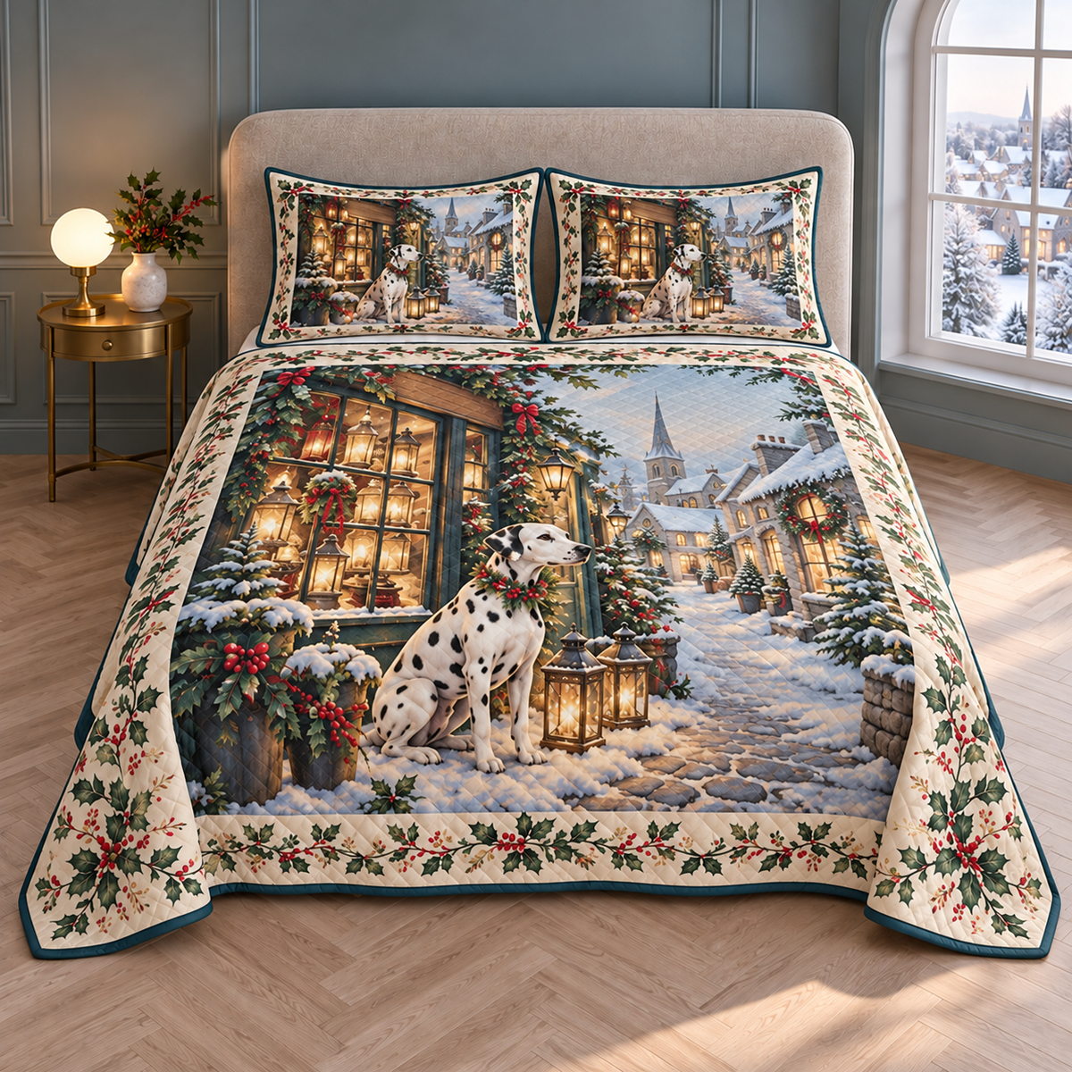 Christmas Dalmatian Snowy Lantern Shop thin printed quilt with two matching pillow shams; complete-product design mockup with flat printed visual depth.