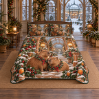 Capybara Gingerbread Greenhouse Christmas thin printed quilt with two matching pillow shams; complete-product design mockup with flat printed visual depth.