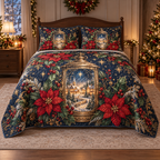 Poinsettia Celestial Lantern Christmas thin printed quilt with two matching pillow shams; complete-product design mockup with flat printed visual depth.