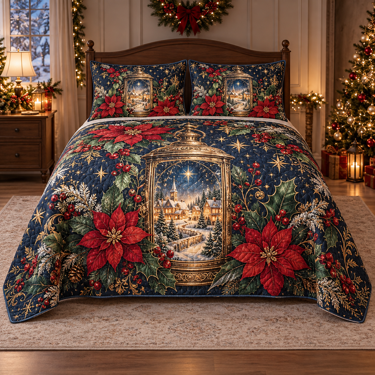 Poinsettia Celestial Lantern Christmas thin printed quilt with two matching pillow shams; complete-product design mockup with flat printed visual depth.