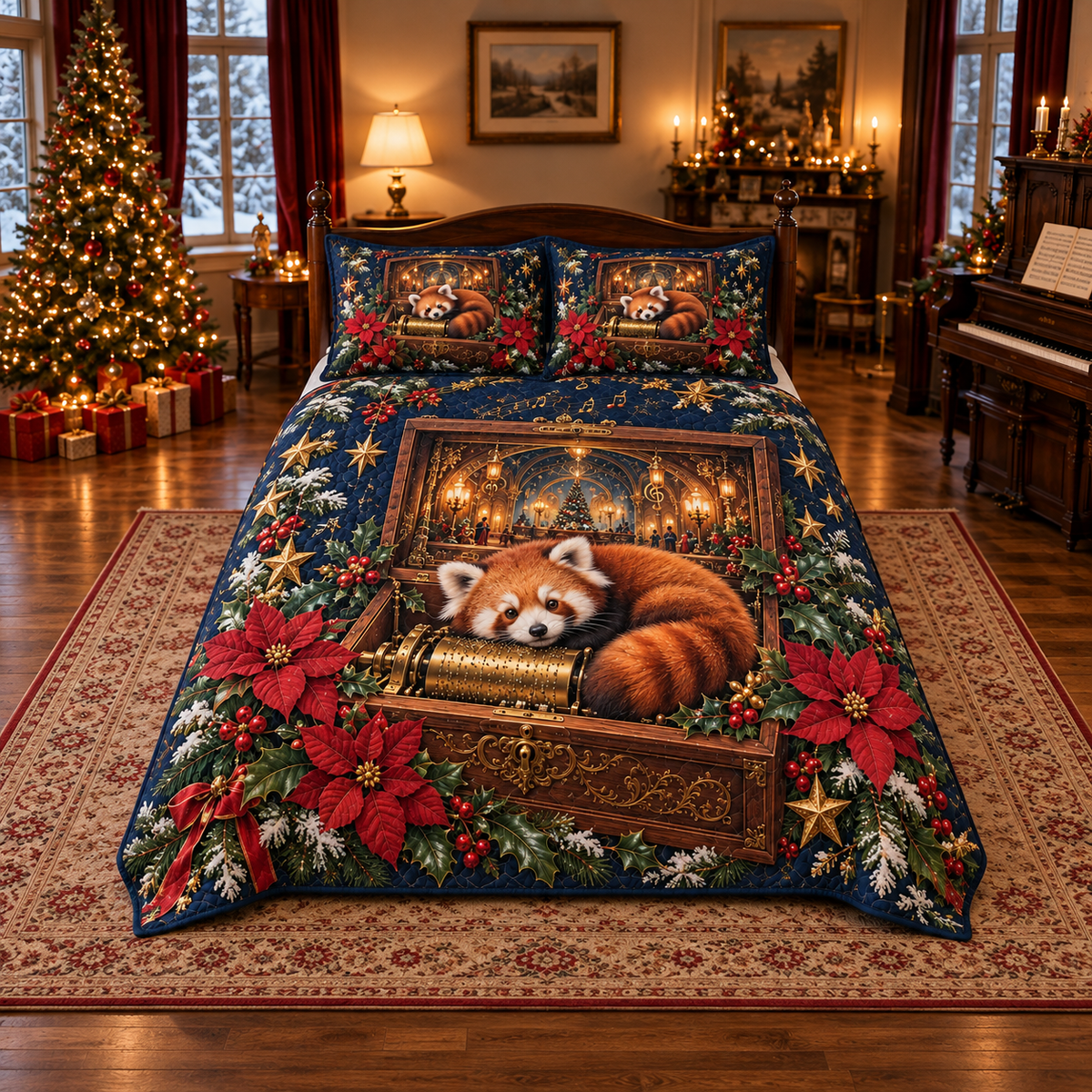 Red Panda Holly Music Box Christmas thin printed quilt with two matching pillow shams; complete-product design mockup with flat printed visual depth.