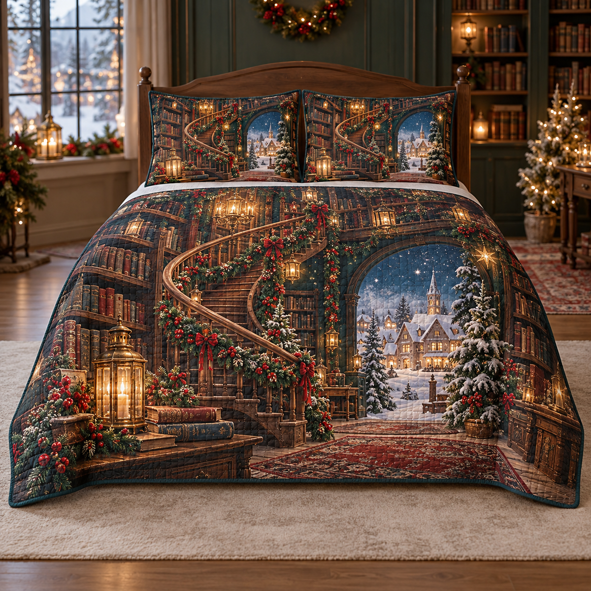 Snowy Bookshop Spiral Stair Christmas thin printed quilt with two matching pillow shams; complete-product design mockup with flat printed visual depth.