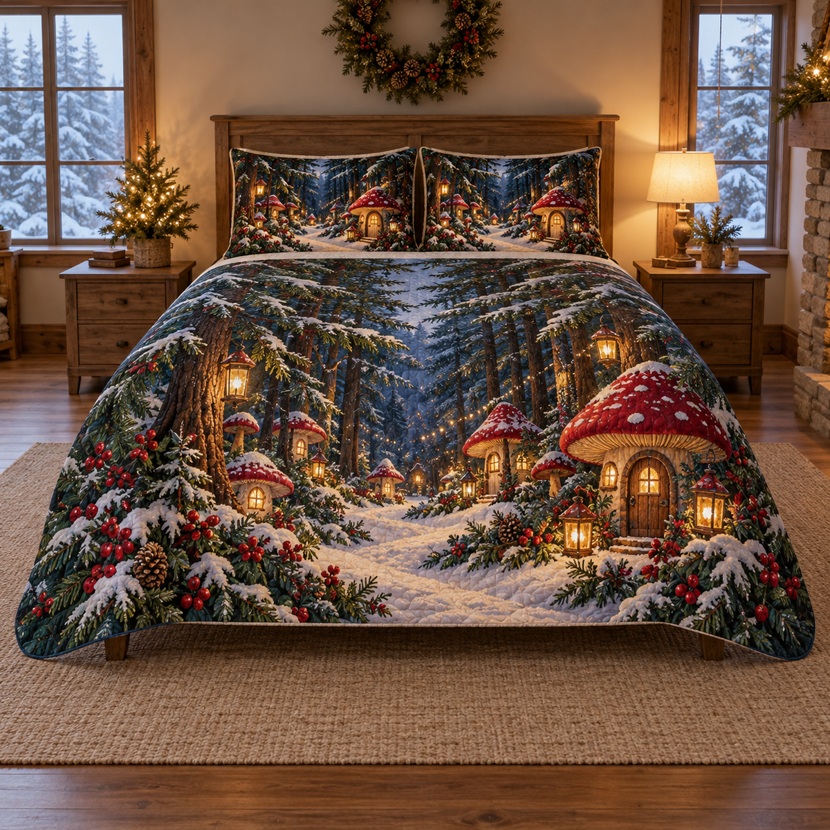 Mushroom Lantern Forest Christmas thin printed quilt with two matching pillow shams; complete-product design mockup with flat printed visual depth.