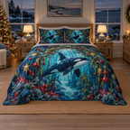 Orca Crystal Kelp Arch Christmas thin printed quilt with two matching pillow shams; complete-product design mockup with flat printed visual depth.
