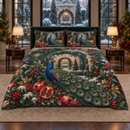 Pomegranate Peacock Garden Christmas thin printed quilt with two matching pillow shams; complete-product design mockup with flat printed visual depth.