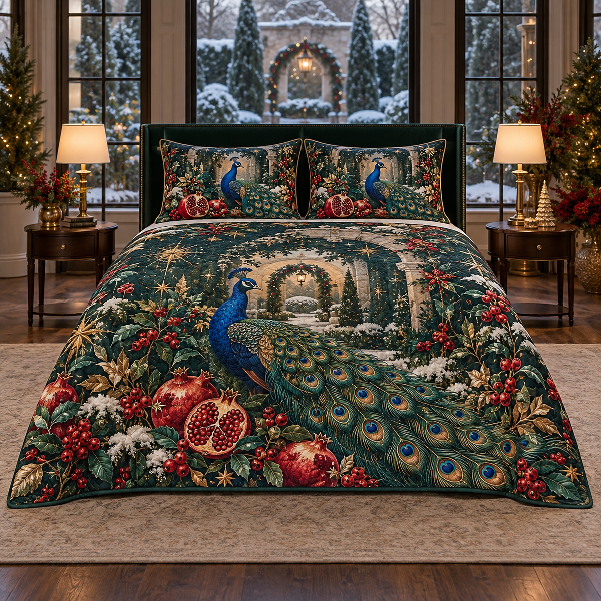 Pomegranate Peacock Garden Christmas thin printed quilt with two matching pillow shams; complete-product design mockup with flat printed visual depth.