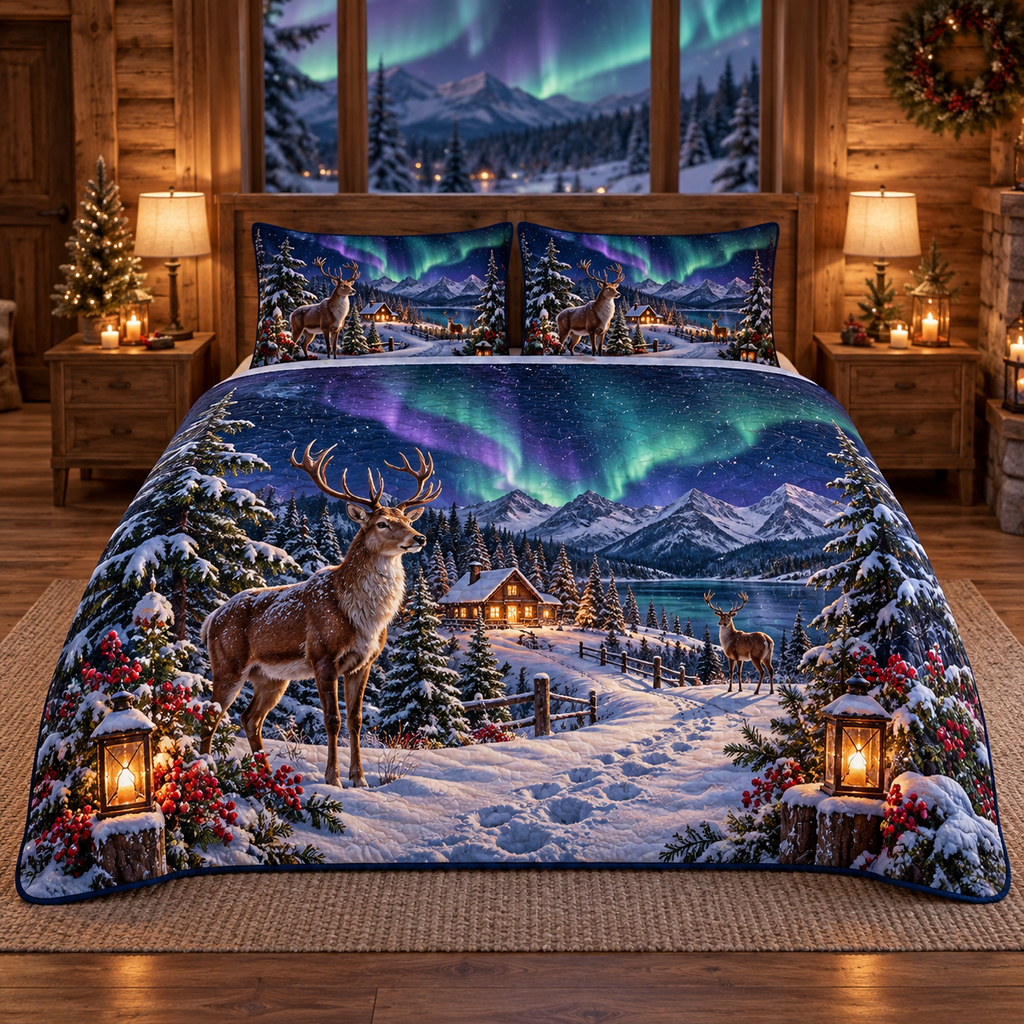 Aurora Reindeer Mountain Trail Christmas thin printed quilt with two matching pillow shams; complete-product design mockup with flat printed visual depth.
