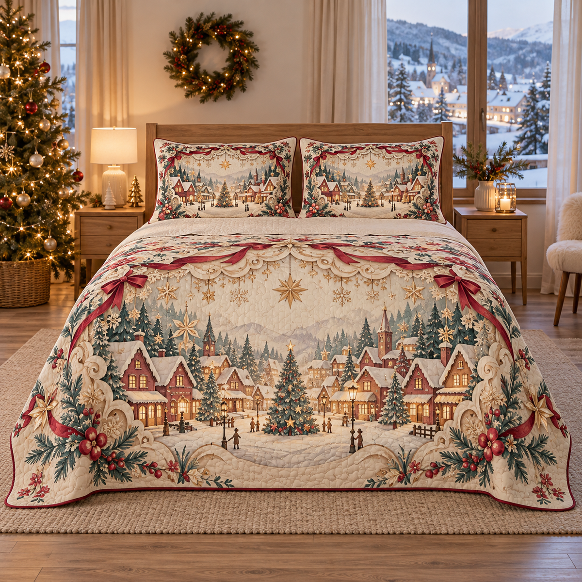 Paper Village Christmas Theatre thin printed quilt with two matching pillow shams; complete-product design mockup with flat printed visual depth.