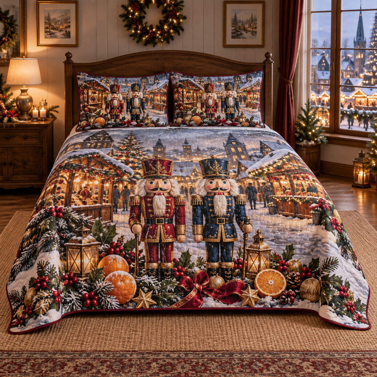Frosted Citrus Nutcracker Market Christmas thin printed quilt with two matching pillow shams; complete-product design mockup with flat printed visual depth.