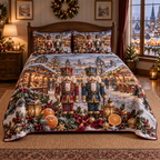 Frosted Citrus Nutcracker Market Christmas thin printed quilt with two matching pillow shams; complete-product design mockup with flat printed visual depth.
