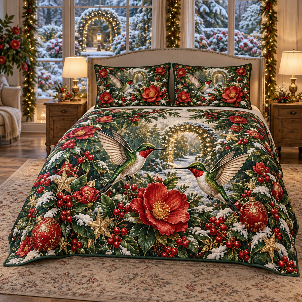 Ruby Hummingbird Camellia Arch Christmas thin printed quilt with two matching pillow shams; complete-product design mockup with flat printed visual depth.