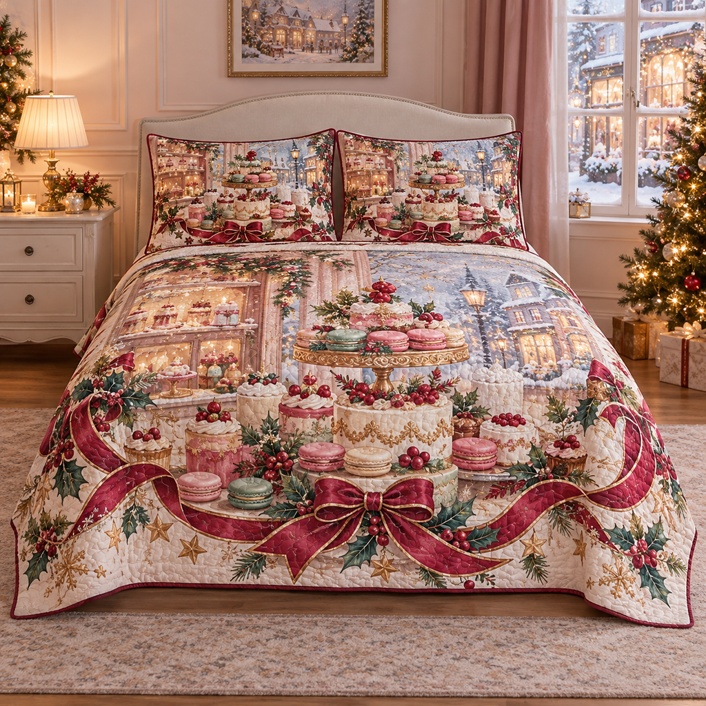 Winter Patisserie Candy Ribbon Christmas thin printed quilt with two matching pillow shams; complete-product design mockup with flat printed visual depth.