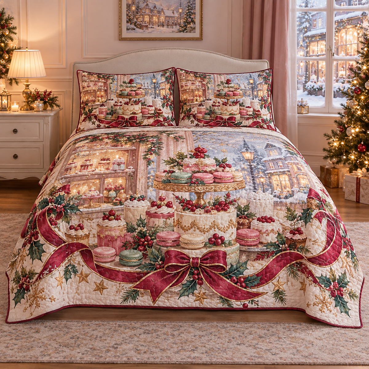 Winter Patisserie Candy Ribbon Christmas thin printed quilt with two matching pillow shams; complete-product design mockup with flat printed visual depth.