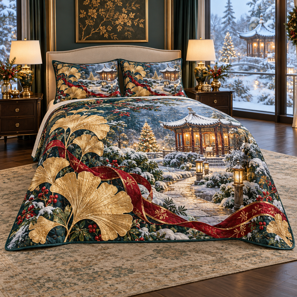Golden Ginkgo Winter Pavilion Christmas thin printed quilt with two matching pillow shams; complete-product design mockup with flat printed visual depth.