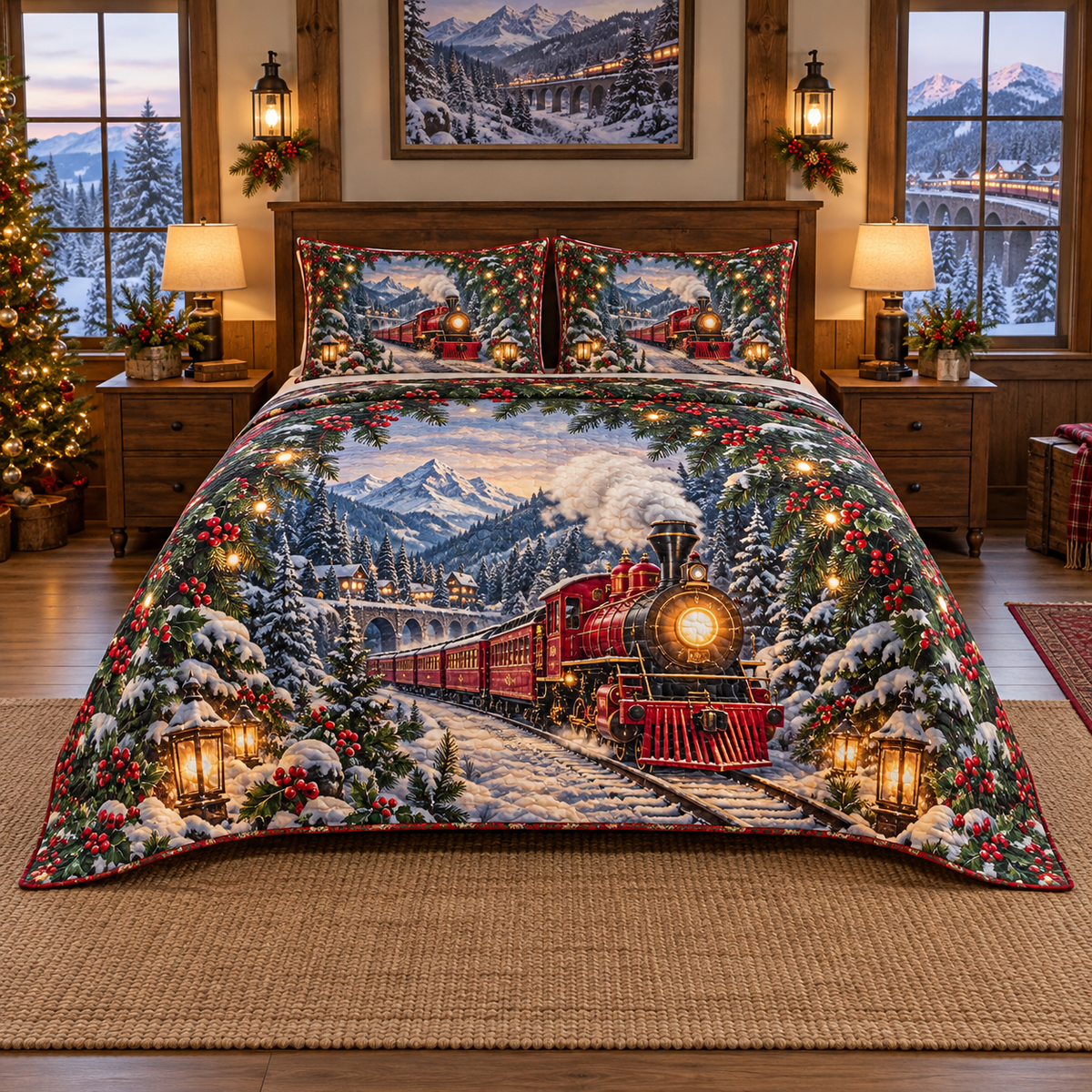 Ruby Steam Train Winter Pass Christmas thin printed quilt with two matching pillow shams; complete-product design mockup with flat printed visual depth.