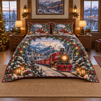 Ruby Steam Train Winter Pass Christmas thin printed quilt with two matching pillow shams; complete-product design mockup with flat printed visual depth.
