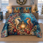 Seahorse Coral Lantern Christmas thin printed quilt with two matching pillow shams; complete-product design mockup with flat printed visual depth.
