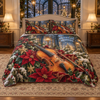 Snowy Violin Conservatory Christmas thin printed quilt with two matching pillow shams; complete-product design mockup with flat printed visual depth.