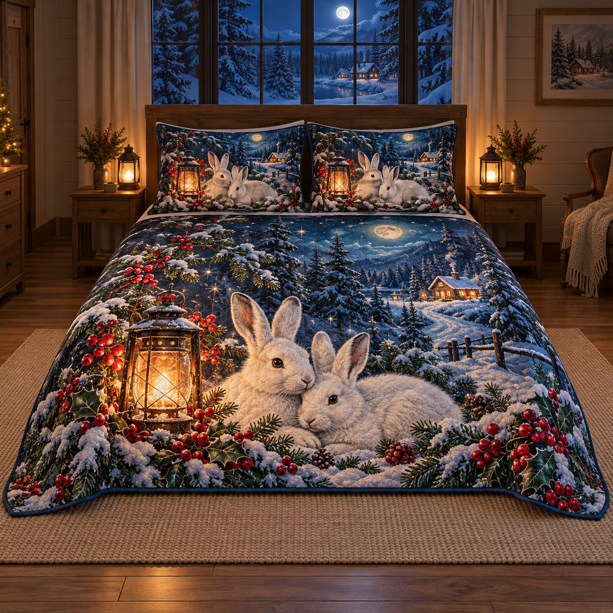 Arctic Hare Moonlit Holly Christmas thin printed quilt with two matching pillow shams; complete-product design mockup with flat printed visual depth.