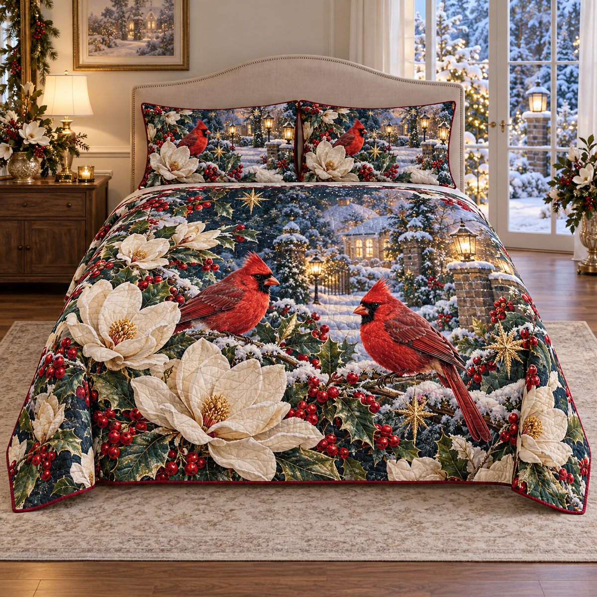 Crimson Cardinal Frosted Magnolia Christmas thin printed quilt with two matching pillow shams; complete-product design mockup with flat printed visual depth.