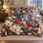 Crimson Cardinal Frosted Magnolia Christmas thin printed quilt with two matching pillow shams; complete-product design mockup with flat printed visual depth.