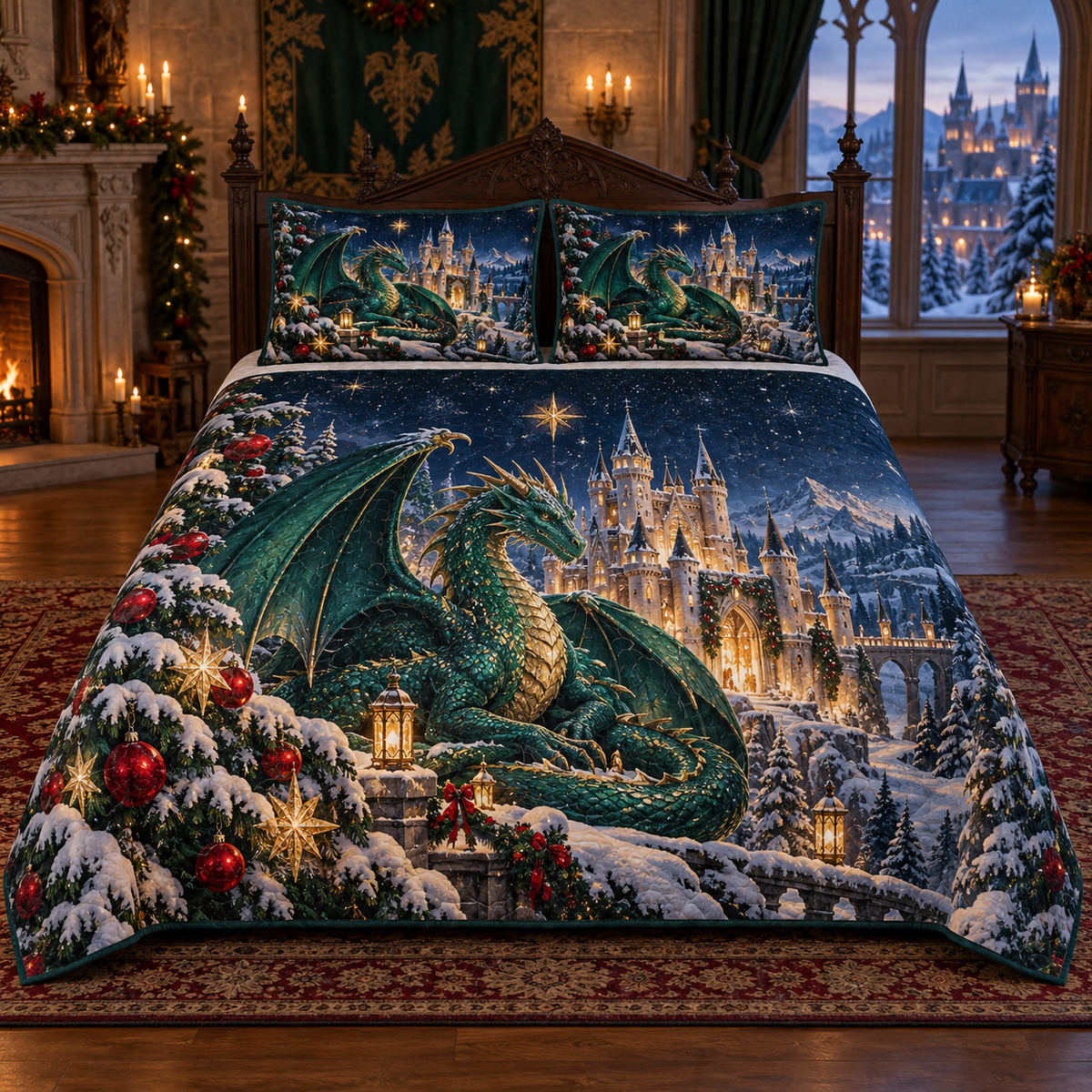 Emerald Dragon Starlit Castle Christmas thin printed quilt with two matching pillow shams; complete-product design mockup with flat printed visual depth.