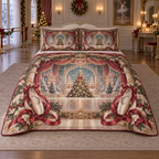 Gingerbread Ballet Snow Stage Christmas thin printed quilt with two matching pillow shams; complete-product design mockup with flat printed visual depth.