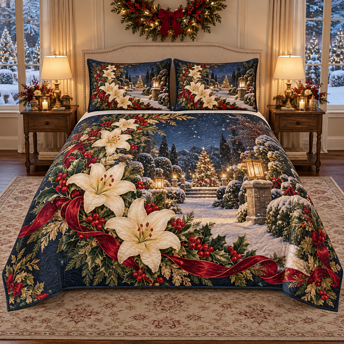 Ivory Lily Cranberry Crescent Christmas thin printed quilt with two matching pillow shams; complete-product design mockup with flat printed visual depth.