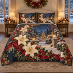 Ivory Lily Cranberry Crescent Christmas thin printed quilt with two matching pillow shams; complete-product design mockup with flat printed visual depth.