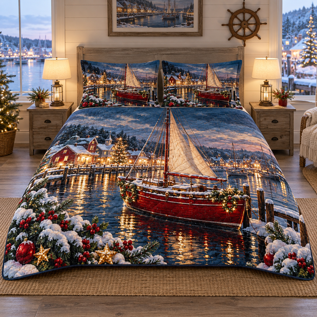 Ruby Sailboat Winter Harbor Christmas thin printed quilt with two matching pillow shams; complete-product design mockup with flat printed visual depth.