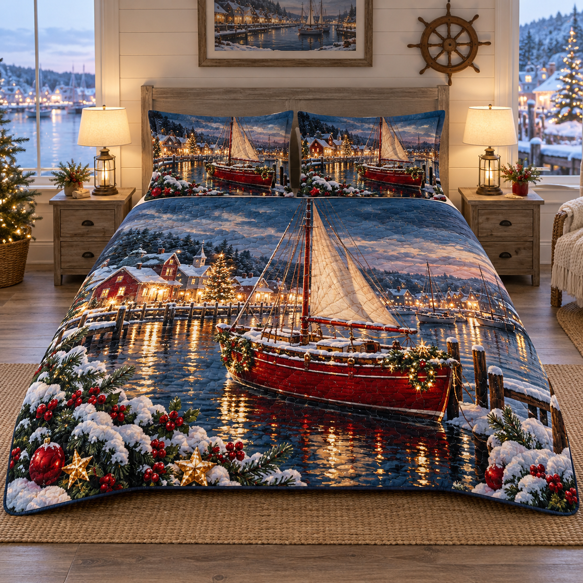 Ruby Sailboat Winter Harbor Christmas thin printed quilt with two matching pillow shams; complete-product design mockup with flat printed visual depth.
