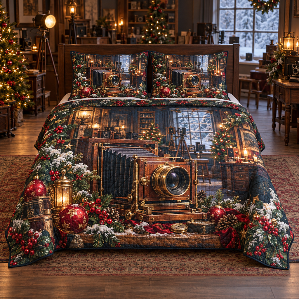 Vintage Camera Snowy Studio Christmas thin printed quilt with two matching pillow shams; complete-product design mockup with flat printed visual depth.