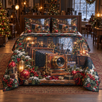 Vintage Camera Snowy Studio Christmas thin printed quilt with two matching pillow shams; complete-product design mockup with flat printed visual depth.