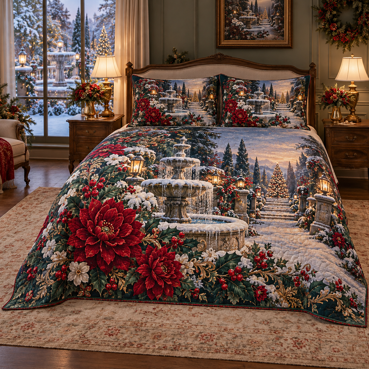 Crimson Dahlia Winter Fountain Christmas thin printed quilt with two matching pillow shams; complete-product design mockup with flat printed visual depth.