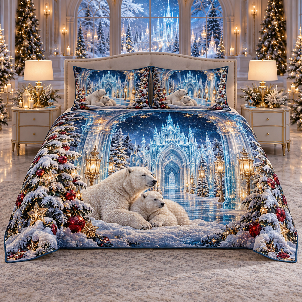 Polar Bear Sapphire Ice Palace Christmas thin printed quilt with two matching pillow shams; complete-product design mockup with flat printed visual depth.