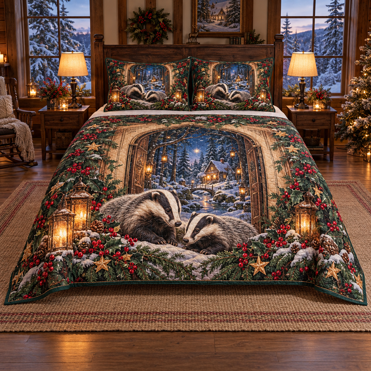 Woodland Badger Storybook Gate Christmas thin printed quilt with two matching pillow shams; complete-product design mockup with flat printed visual depth.