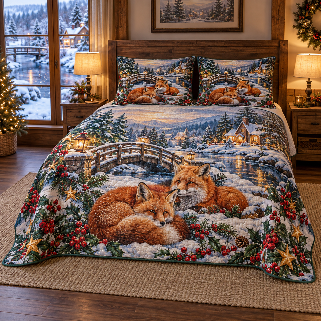 Amber Fox Snowy Maple Bridge Christmas thin printed quilt with two matching pillow shams; complete-product design mockup with flat printed visual depth.
