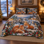 Amber Fox Snowy Maple Bridge Christmas thin printed quilt with two matching pillow shams; complete-product design mockup with flat printed visual depth.