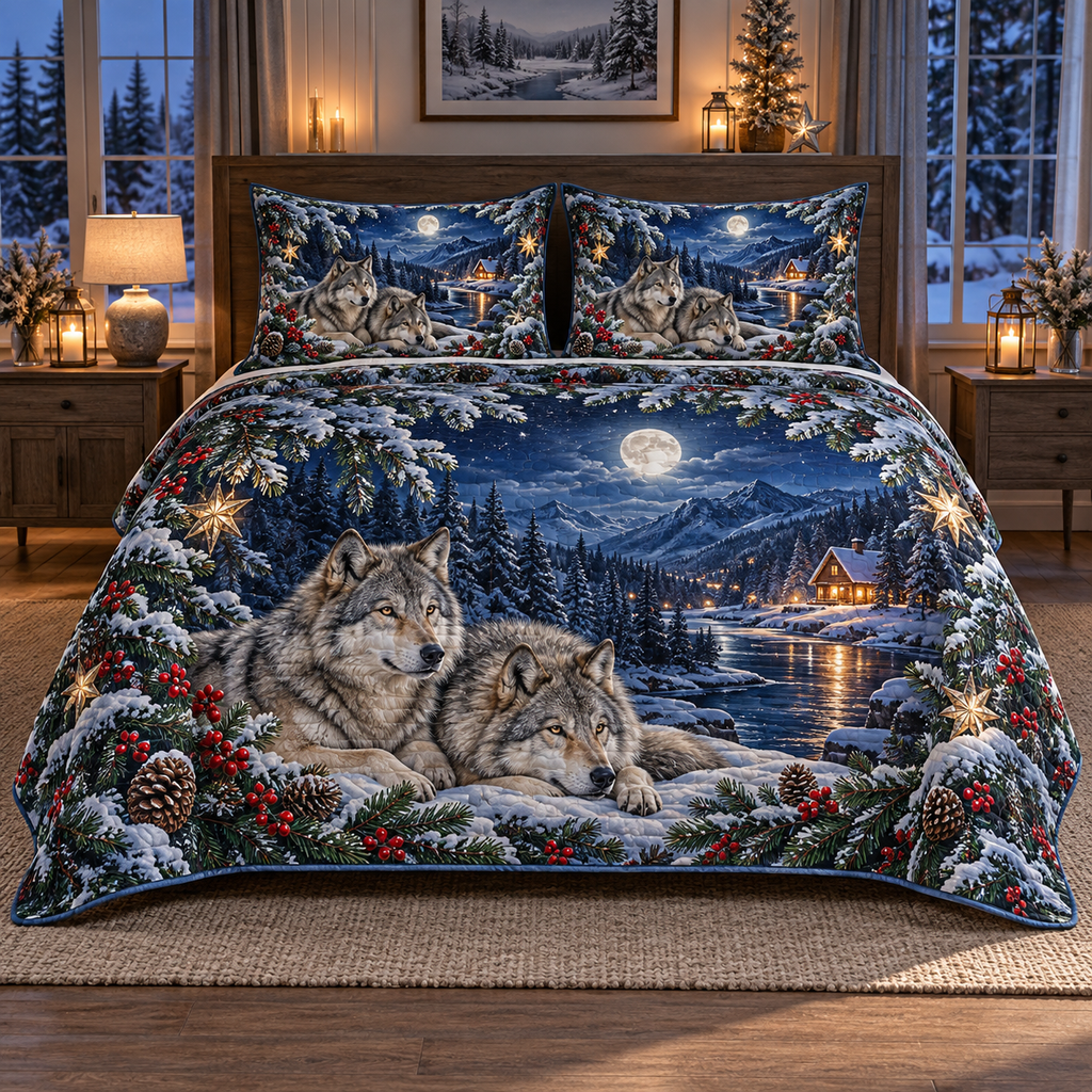 Moonlit Wolf Crystal Pine Arch Christmas thin printed quilt with two matching pillow shams; complete-product design mockup with flat printed visual depth.