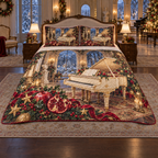 Pomegranate Ivory Piano Salon Christmas thin printed quilt with two matching pillow shams; complete-product design mockup with flat printed visual depth.
