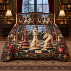 Cranberry Chess Winter Salon Christmas thin printed quilt with two matching pillow shams; complete-product design mockup with flat printed visual depth.