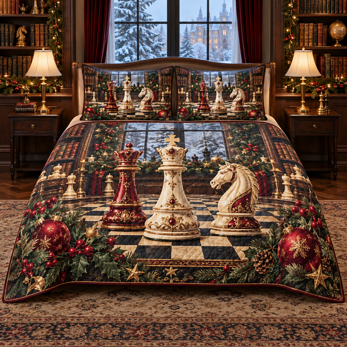 Cranberry Chess Winter Salon Christmas thin printed quilt with two matching pillow shams; complete-product design mockup with flat printed visual depth.