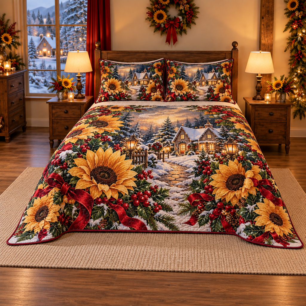 Golden Sunflower Snow Cottage Christmas thin printed quilt with two matching pillow shams; complete-product design mockup with flat printed visual depth.