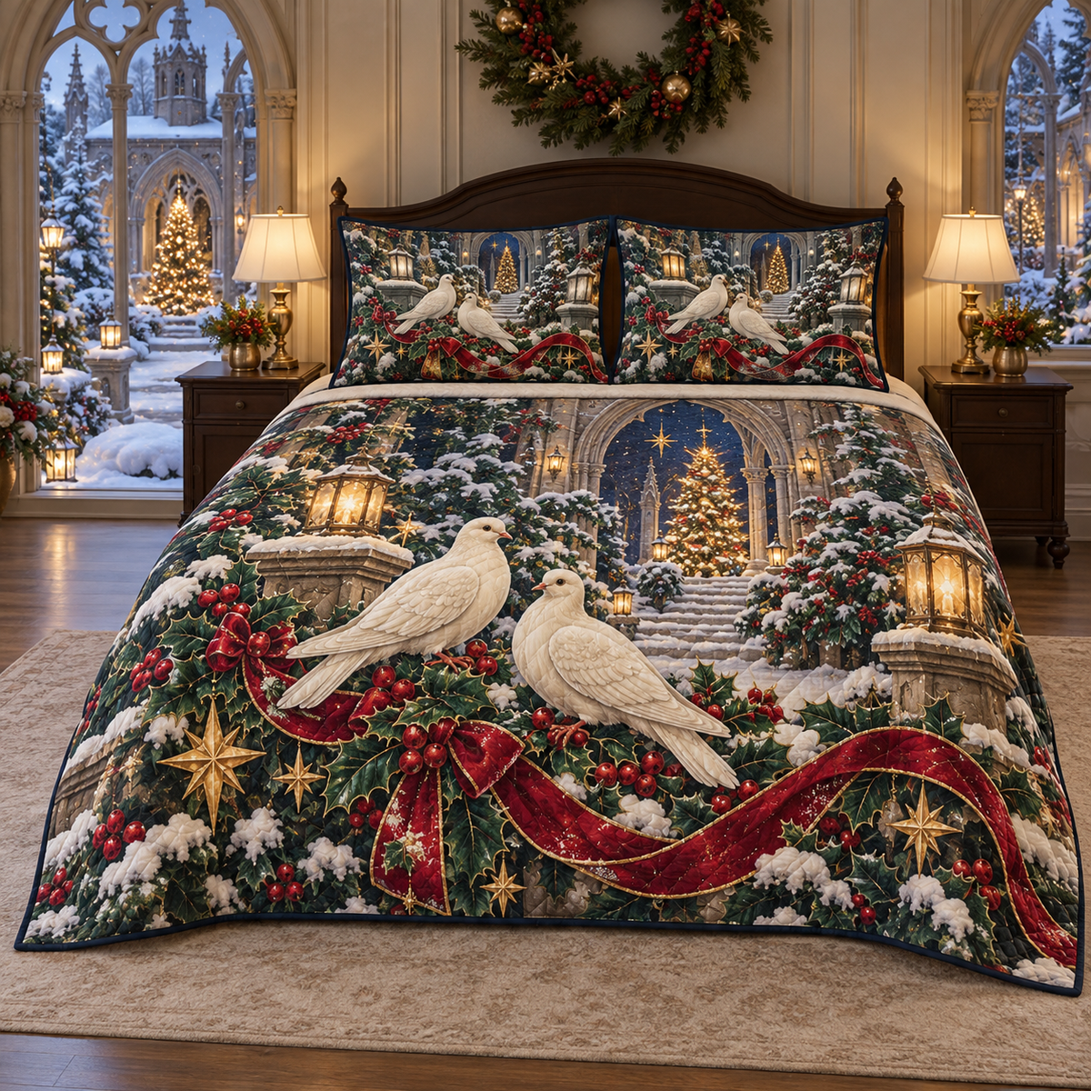 Ivory Dove Holly Cathedral Christmas thin printed quilt with two matching pillow shams; complete-product design mockup with flat printed visual depth.