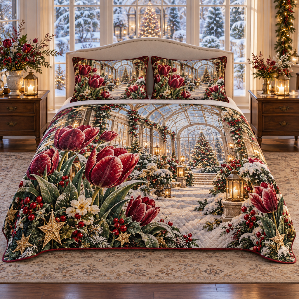 Cranberry Tulip Winter Atrium Christmas thin printed quilt with two matching pillow shams; complete-product design mockup with flat printed visual depth.