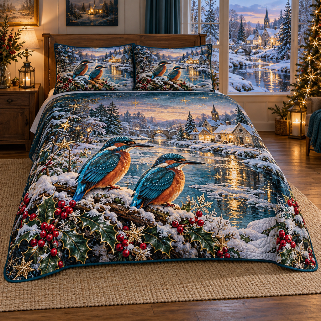 Ruby Kingfisher Frozen Stream Christmas thin printed quilt with two matching pillow shams; complete-product design mockup with flat printed visual depth.