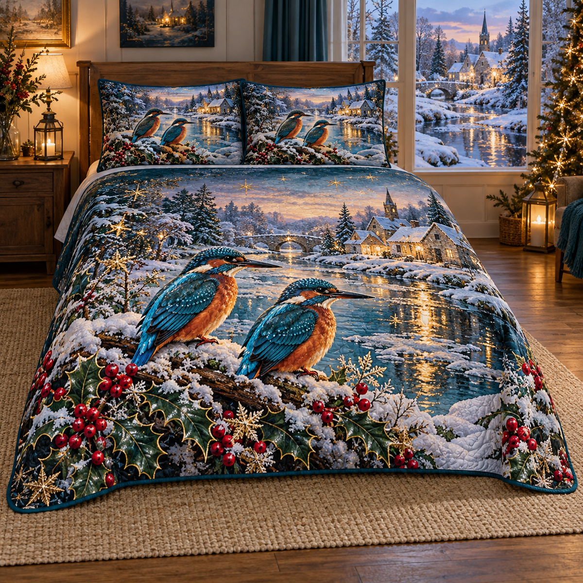 Ruby Kingfisher Frozen Stream Christmas thin printed quilt with two matching pillow shams; complete-product design mockup with flat printed visual depth.